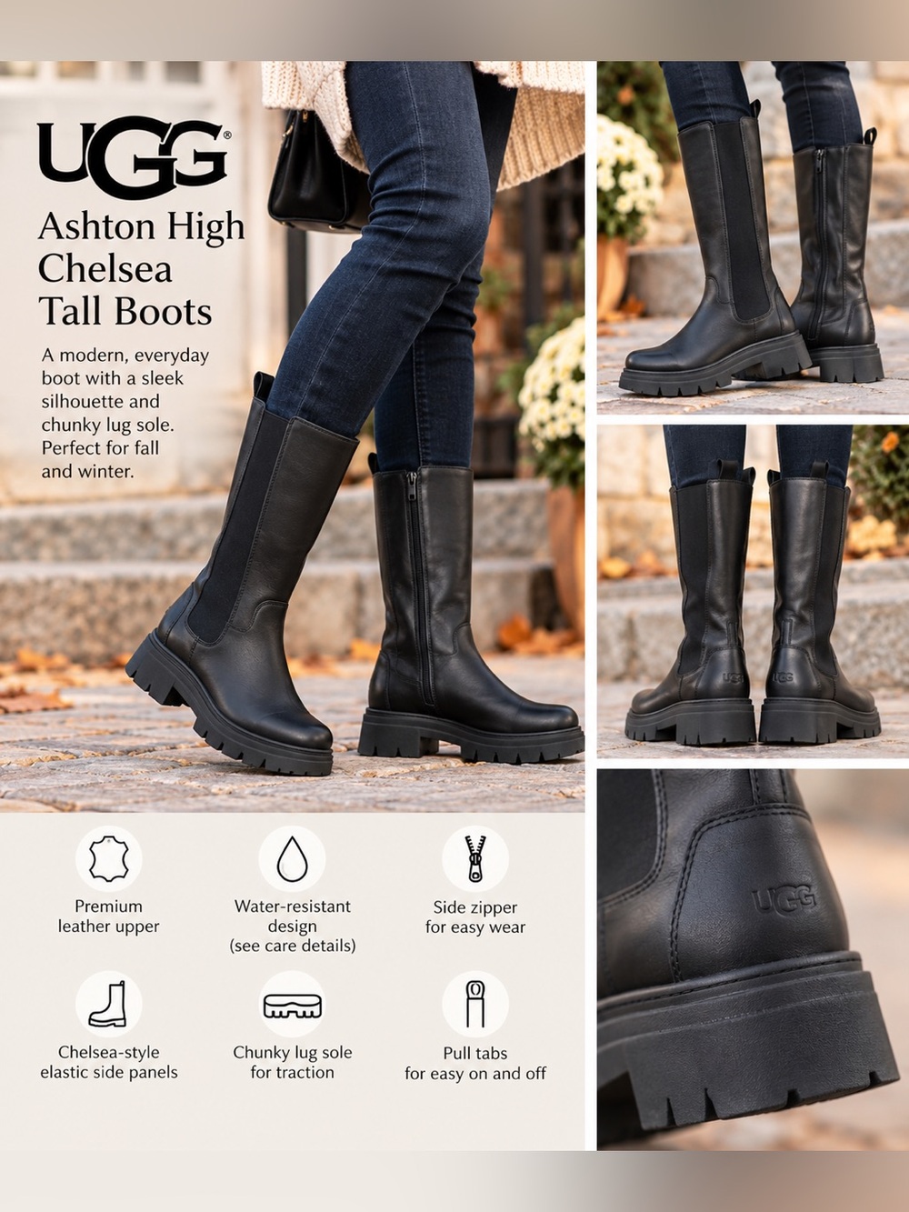 UGG Ashton High Chelsea Black Tall Leather Zip-Up Boots